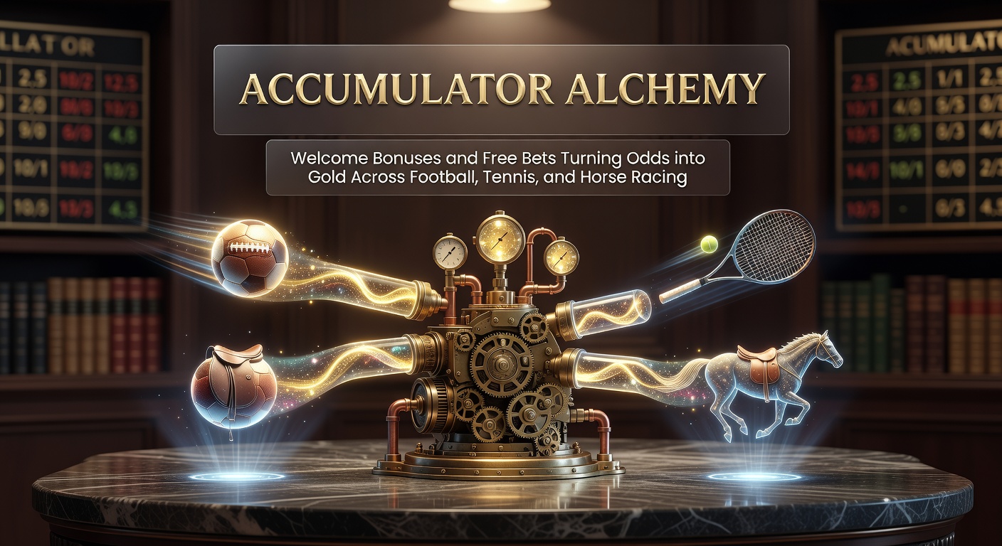 Vibrant graphic showing accumulator bets stacking up with golden coins from football matches, tennis rallies, and horse races, overlaid with welcome bonus icons and free bet slips