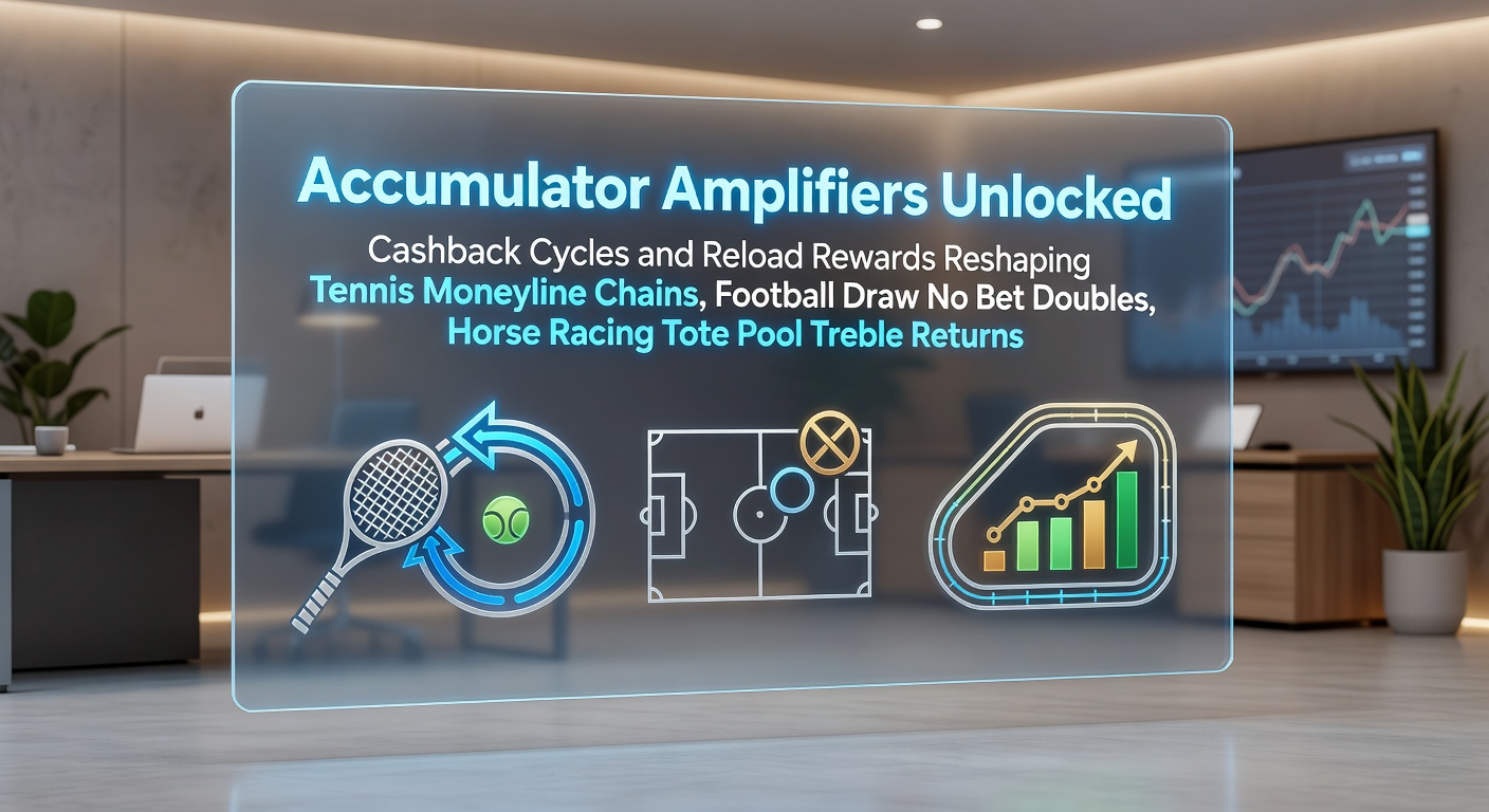 Dynamic graphic illustrating cashback loops feeding into accumulator chains across tennis courts, football pitches, and horse racing tracks, with glowing reward icons amplifying returns
