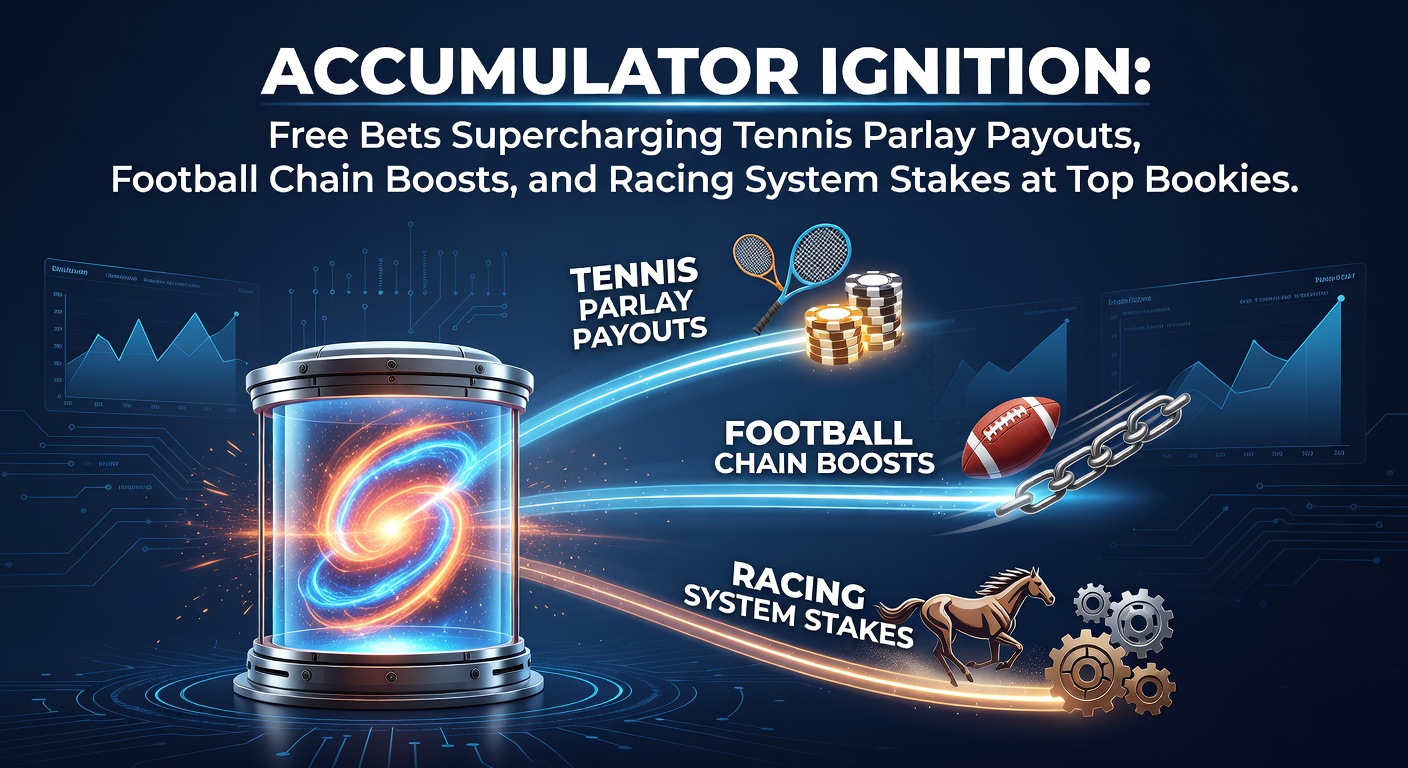 Vibrant graphic showing exploding accumulator bets with tennis balls, footballs, and racehorses ignited by free bet flames, symbolizing supercharged payouts at bookmakers