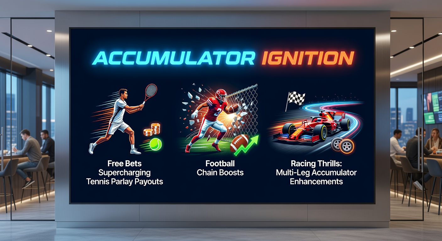 Dynamic image of a tennis parlay board overlaid with football chains and racing systems, free bet icons boosting payout arrows skyward amid bookmaker logos