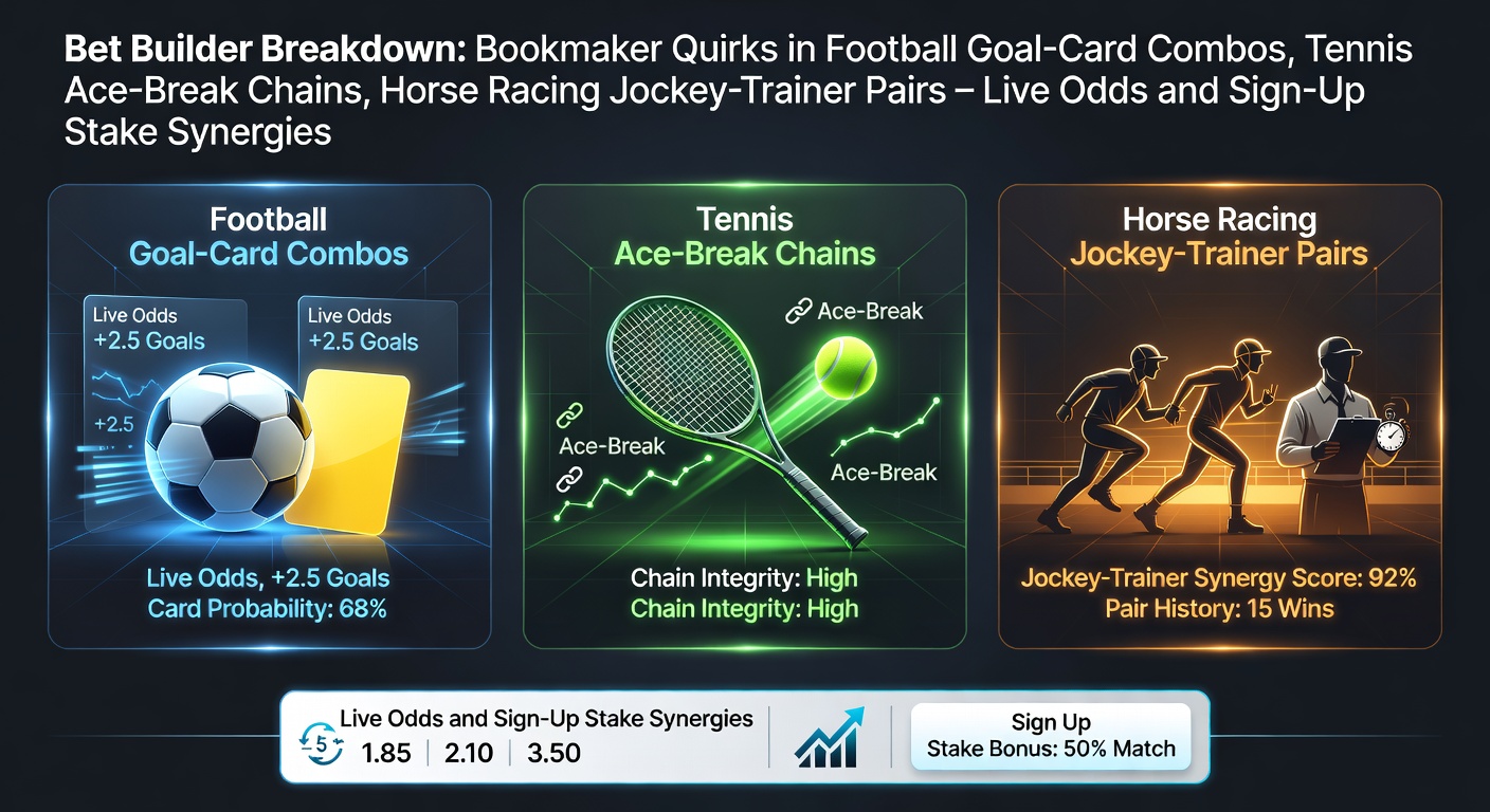 Bet builder interface showing football goal and card selections across multiple bookmakers