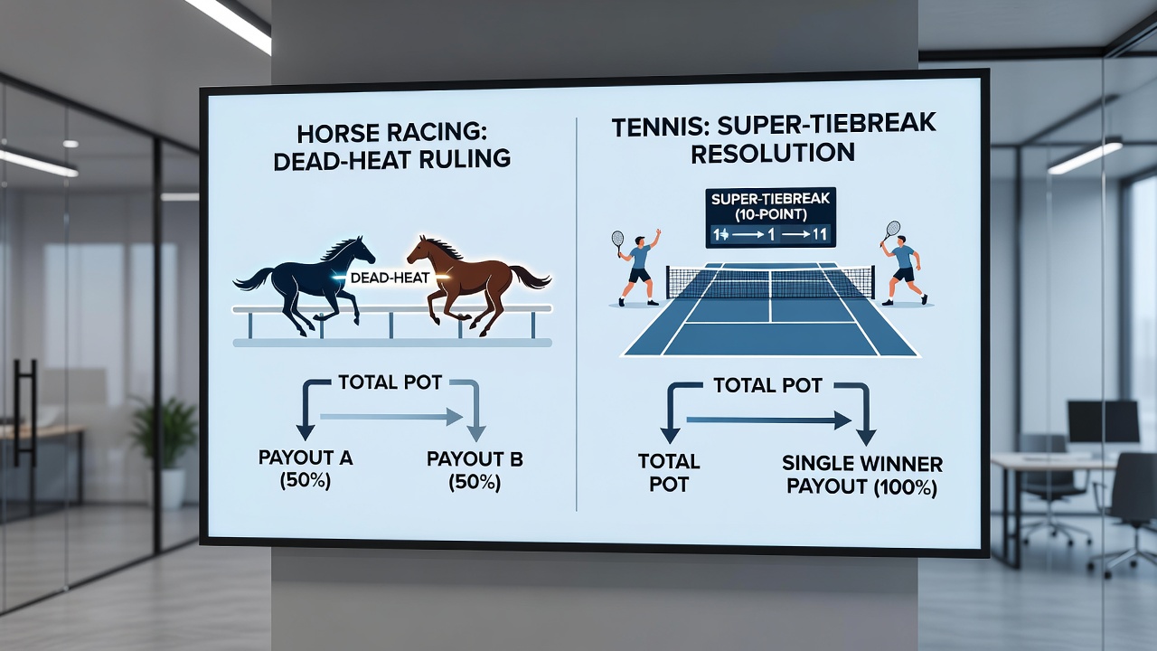 Accumulator payout simulation illustrating stake reductions from dead-heats versus full multipliers from super-tiebreaks