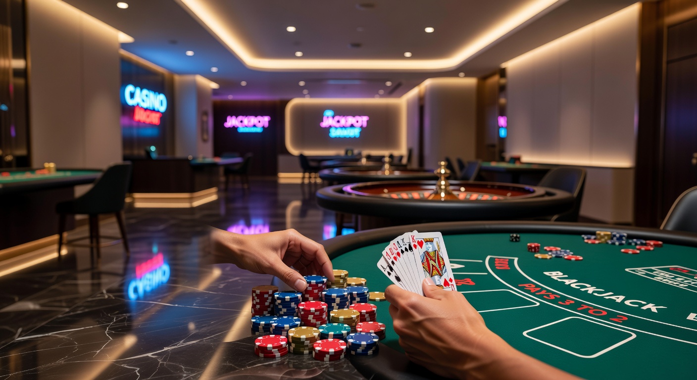 Vibrant casino floor with roulette wheels spinning and slot machines lighting up, capturing the energy of classic games