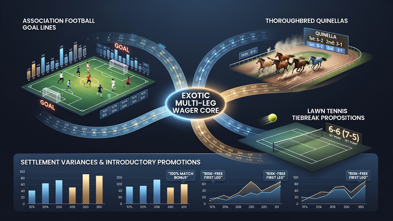 Detailed diagram showing settlement flow for hybrid football goal line, horse racing quinella and tennis tiebreak wagers across multiple operators