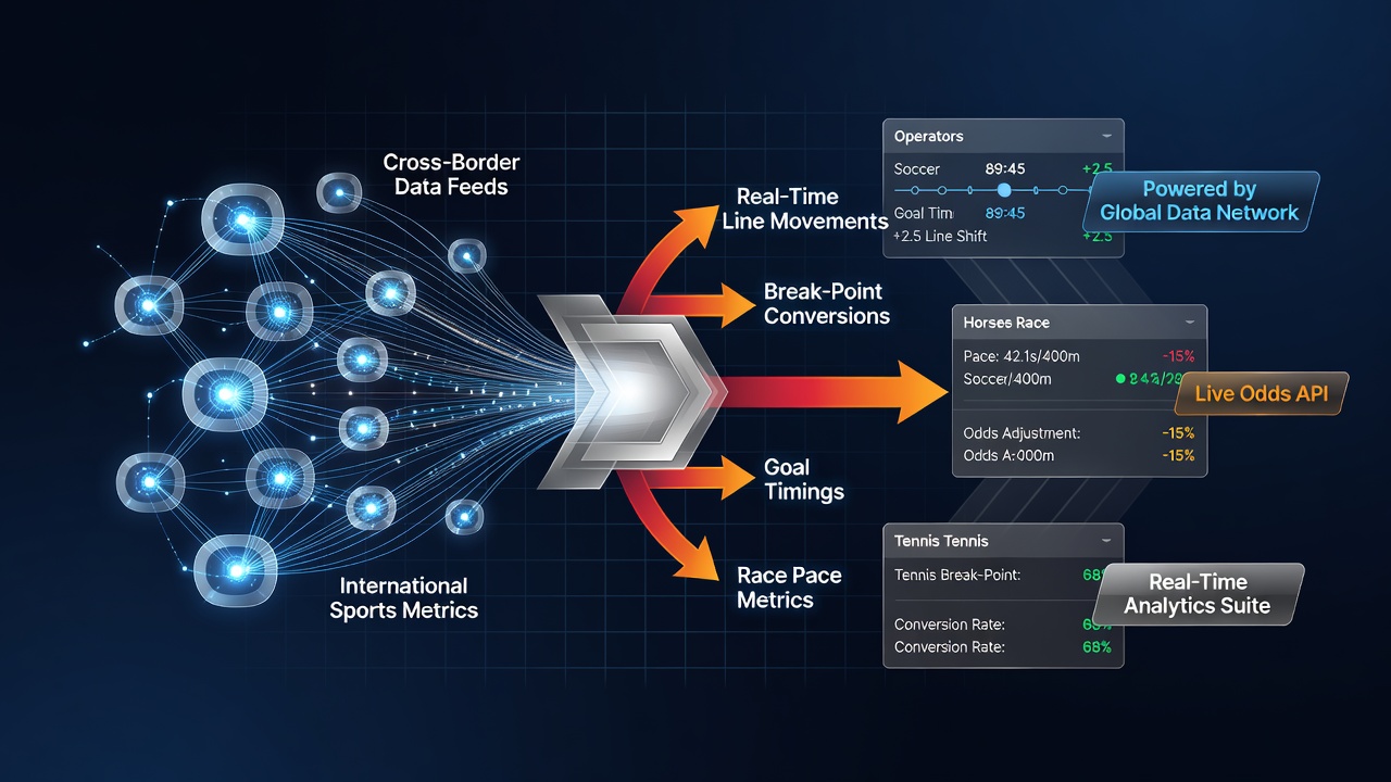Illustration of cross-border data feeds connecting international betting operators with real-time sports metrics
