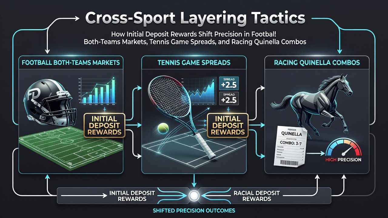 Cross-sport layering diagram showing deposit rewards applied to football BTTS, tennis spreads, and racing quinellas