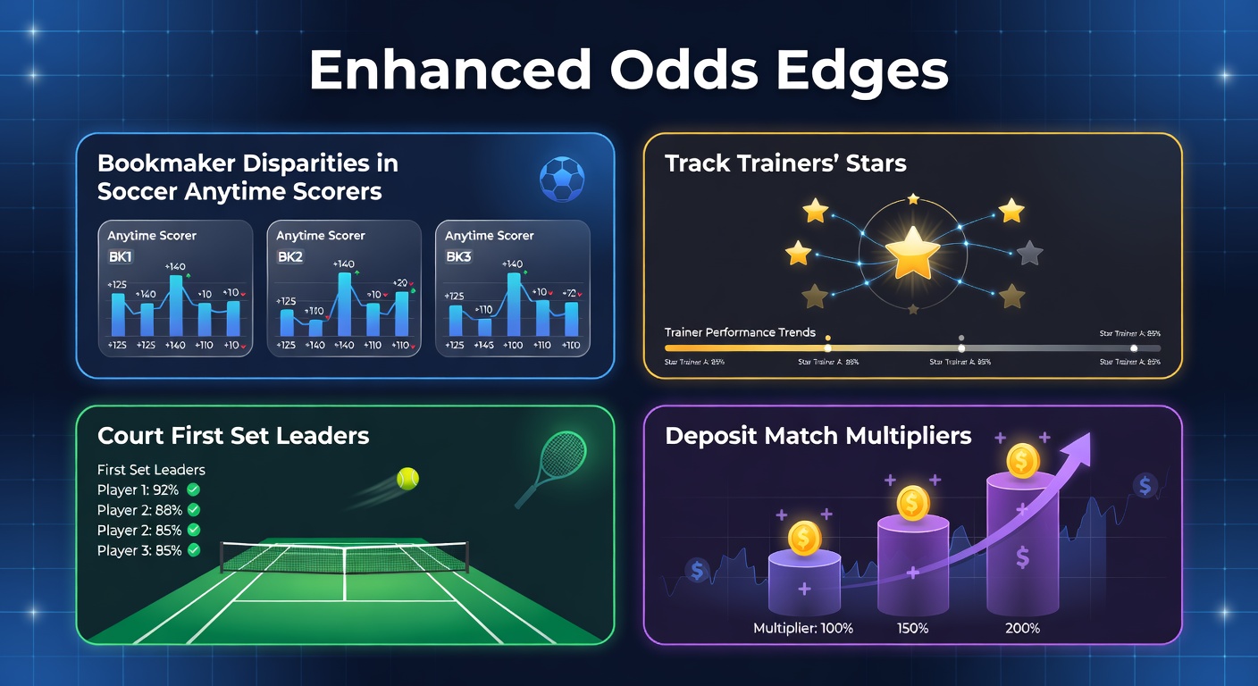 Dynamic odds board displaying enhanced prices for soccer anytime goalscorers alongside horse racing trainer specials and tennis first-set leaders