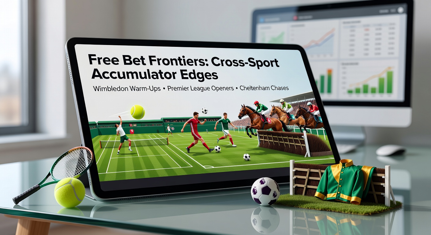 Tennis player serving during Wimbledon warm-up match, overlaid with football pitch action and horse racing chase scene, highlighting cross-sport accumulator potential