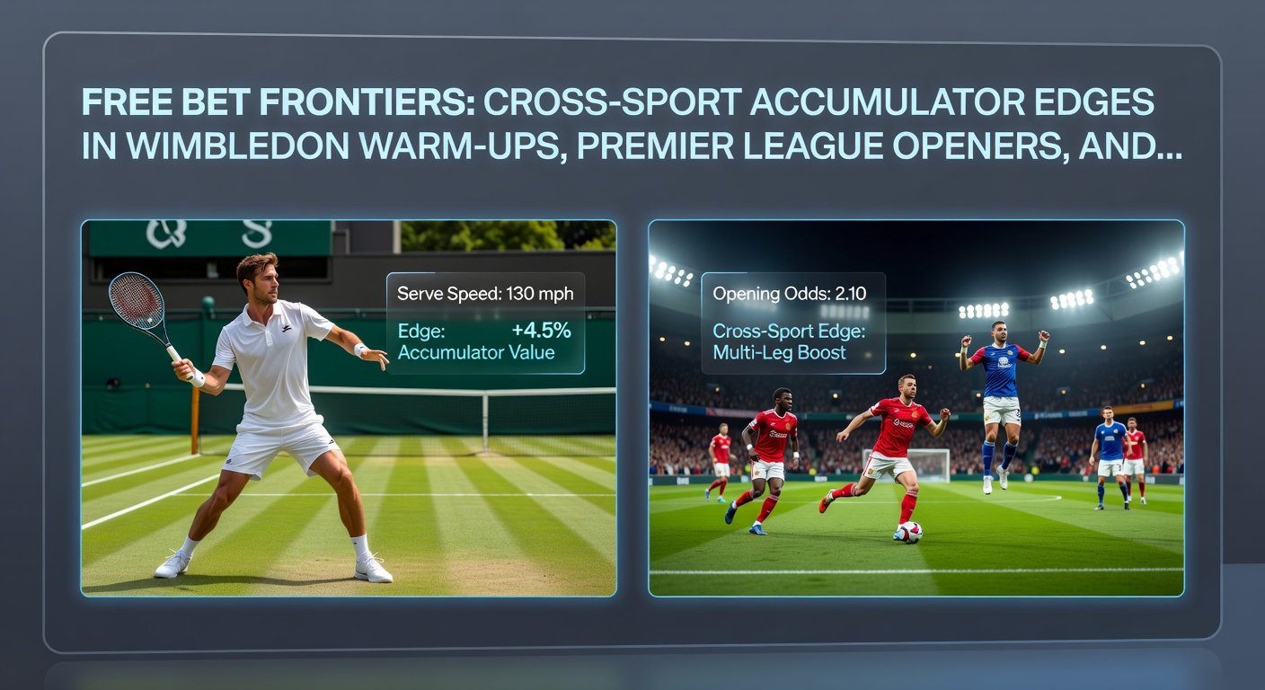 Dynamic split-image of Cheltenham Festival horse race chase, Premier League kickoff stadium crowd, and Wimbledon warm-up net play, illustrating accumulator synergy