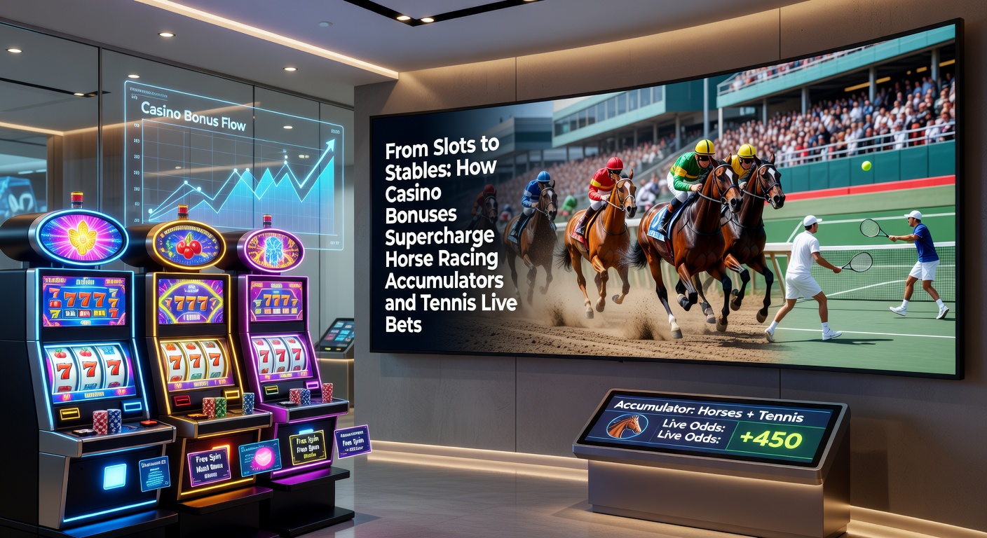 Vibrant casino slot machine next to a horse racing track and tennis court, symbolizing the crossover from slots bonuses to sports betting action