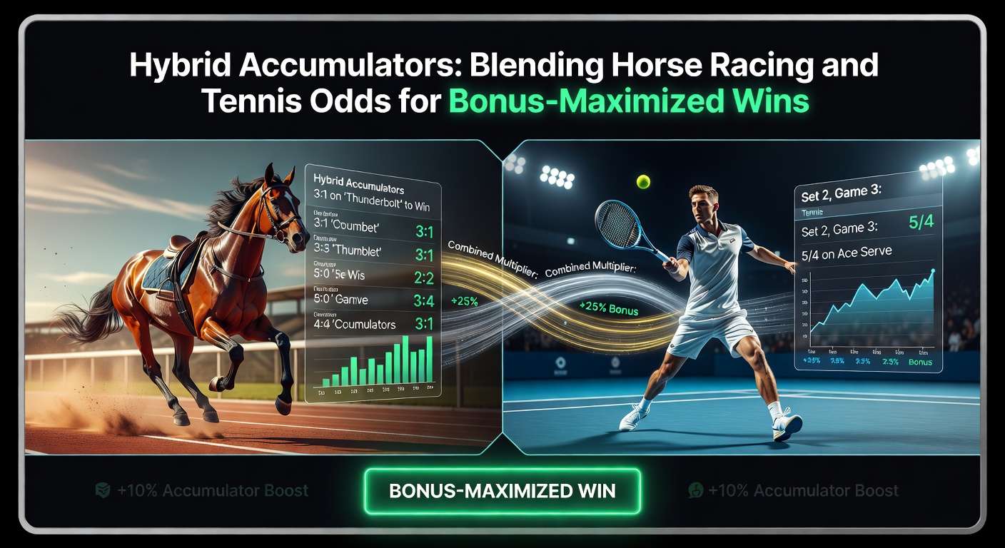 Dynamic graphic showing intertwined horse racing tracks and tennis courts with overlaid accumulator odds boosting payouts
