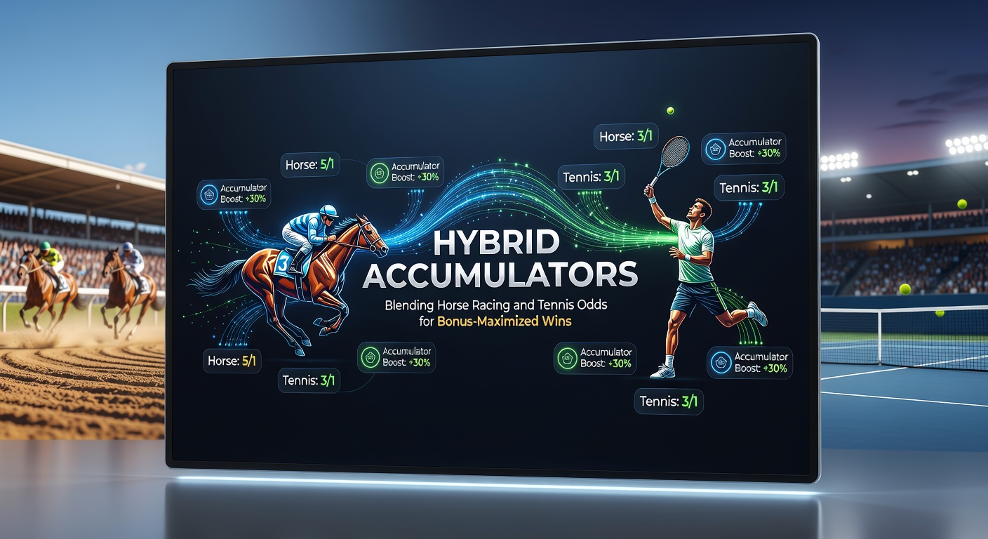 Screenshot-style illustration of a bet slip merging horse racing selections with tennis matches, highlighting bonus enhancements