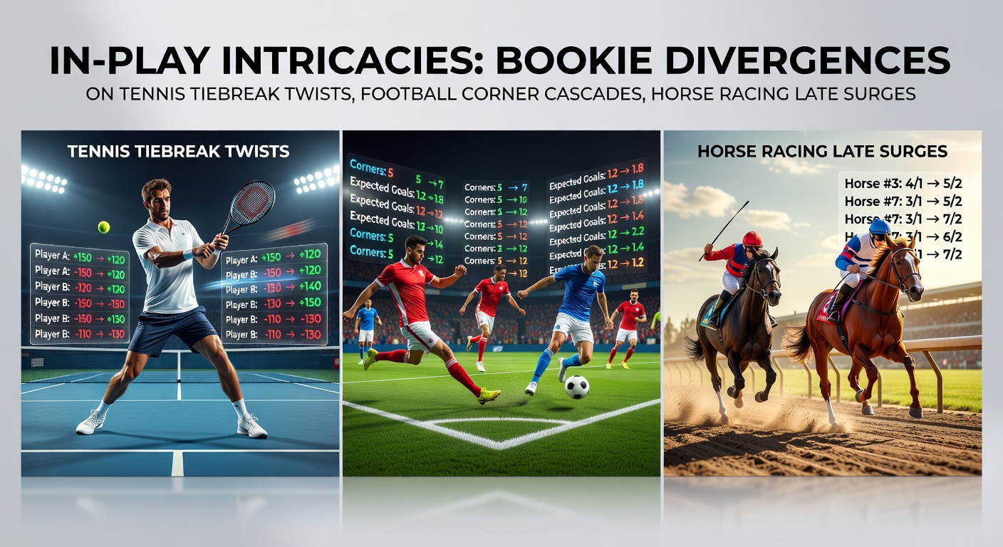 Dynamic in-play betting screens showing live odds shifts for tennis tiebreaks, football corners, and horse racing finishes