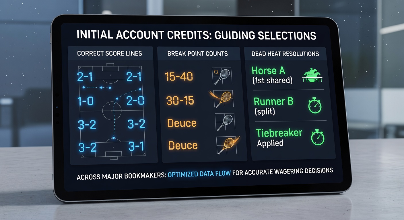 Bookmaker interfaces displaying initial account credit options alongside correct score, break point, and dead heat betting markets