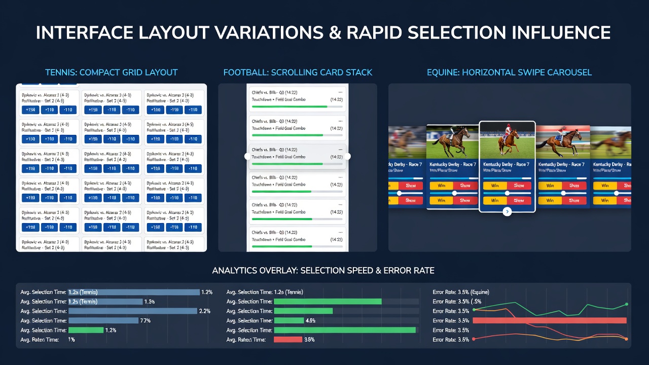 Betting interface layouts showing side-by-side comparisons of tennis, football, and horse racing wager selection screens at major operators