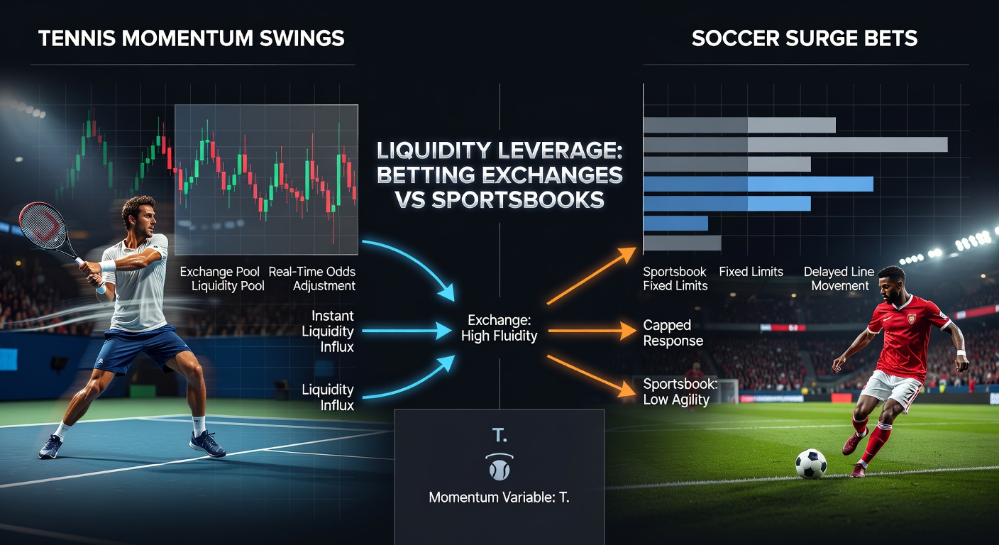 Soccer match surge bet visualization comparing exchange liquidity depth to sportsbook limits during a late-game comeback