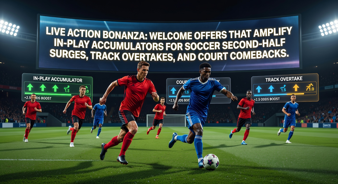Dynamic in-play action across soccer pitches, racing tracks, and tennis courts highlighting accumulator opportunities during surges and comebacks