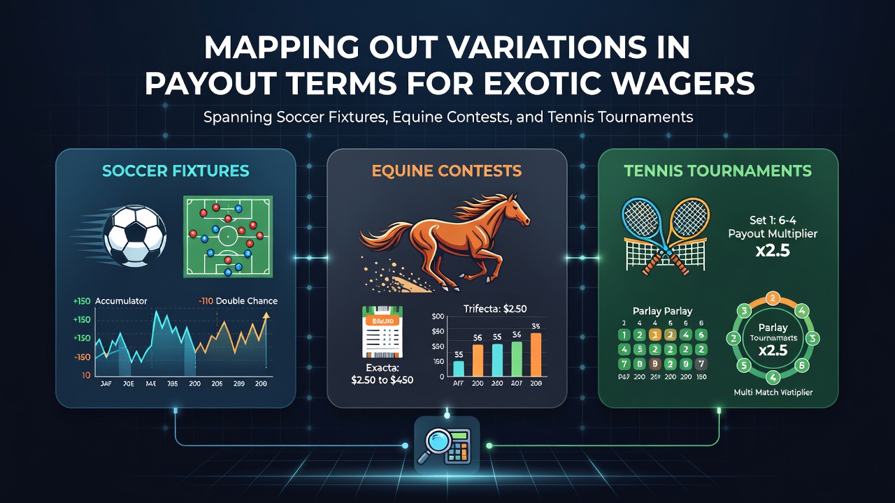 Diagram illustrating payout variations for exotic bets across soccer fixtures, horse racing events, and tennis tournaments with bookmaker comparison charts
