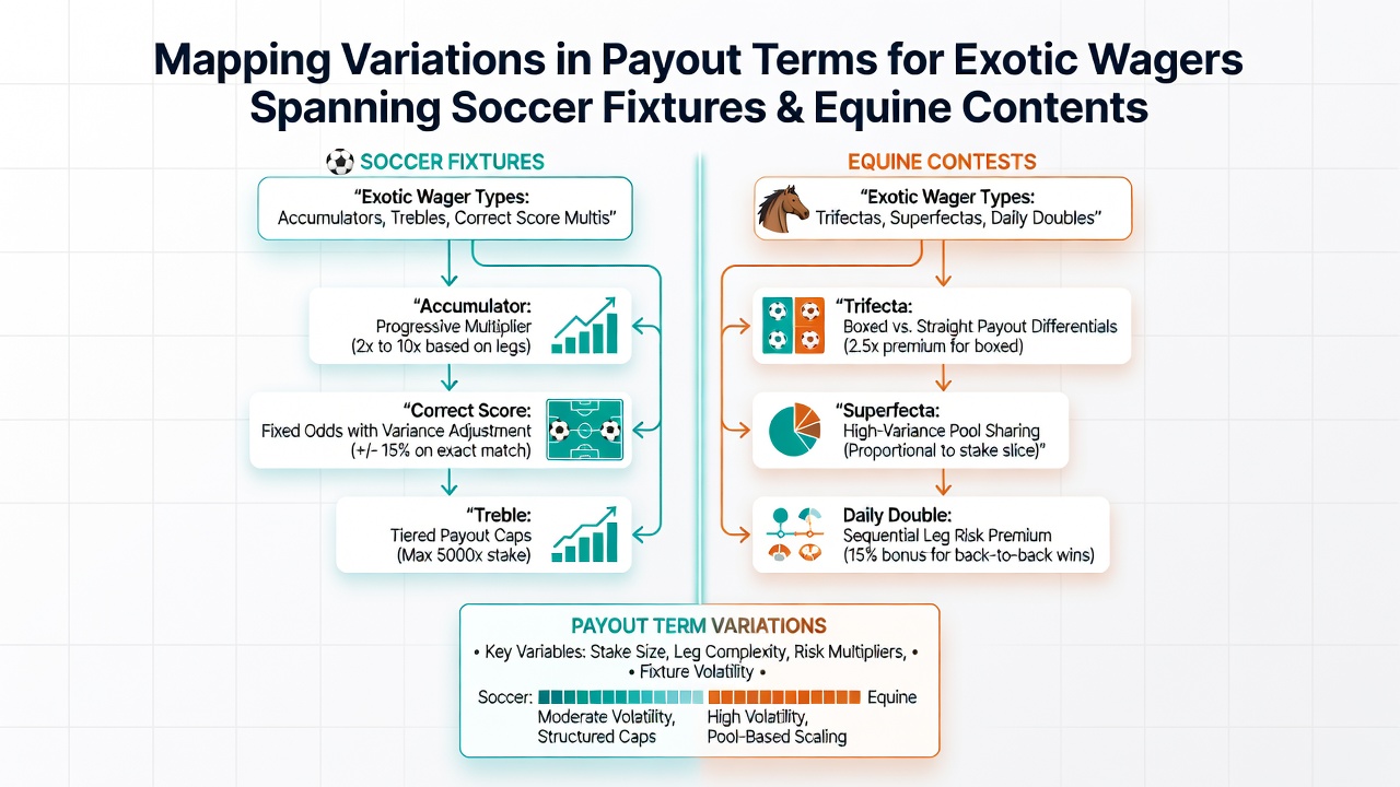 Comparison chart showing exotic wager payout differences between soccer, horse racing, and tennis across various bookmakers