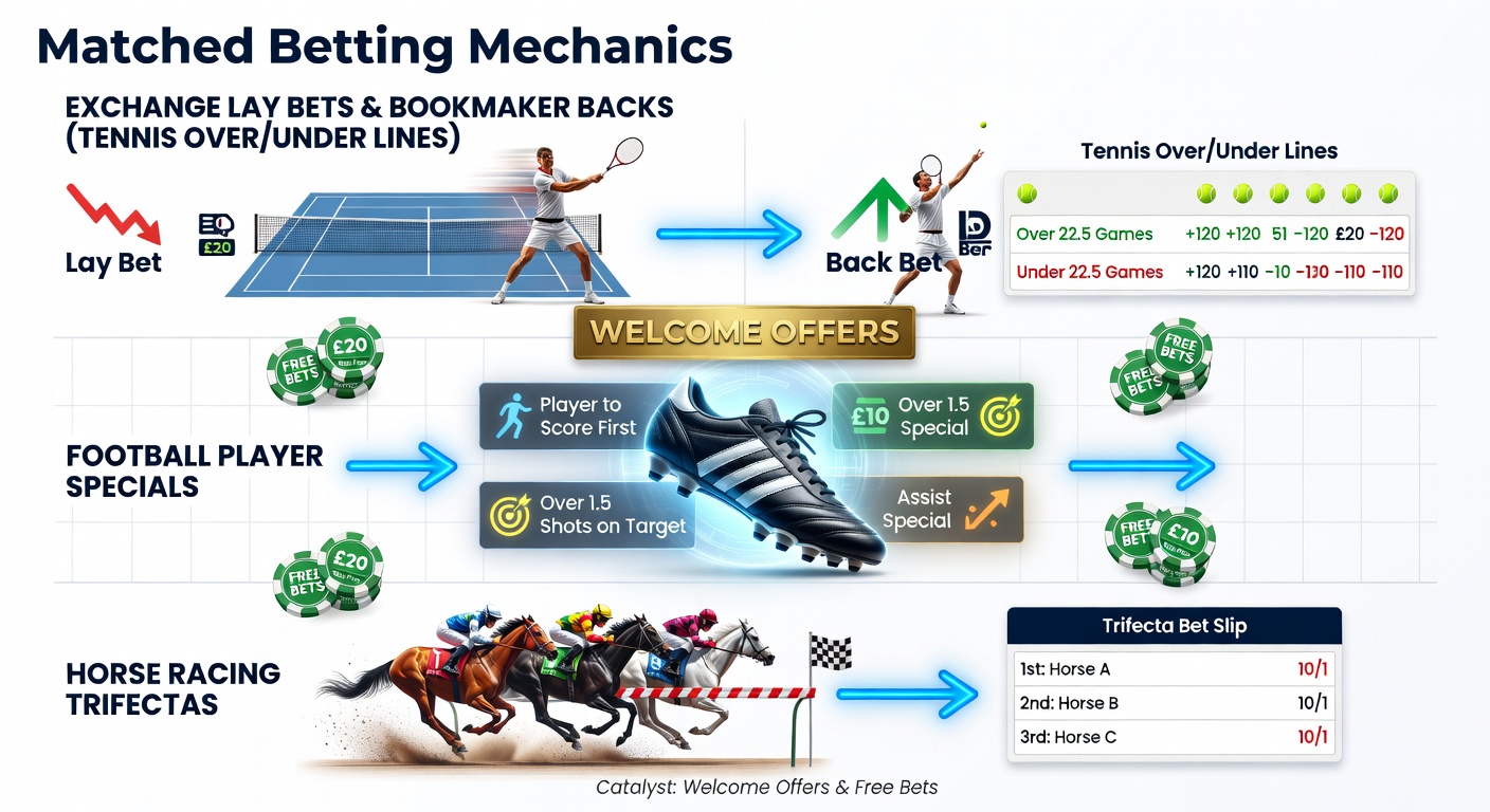 Visual breakdown of matched betting setup showing bookmaker back bet alongside exchange lay bet for a tennis over/under line