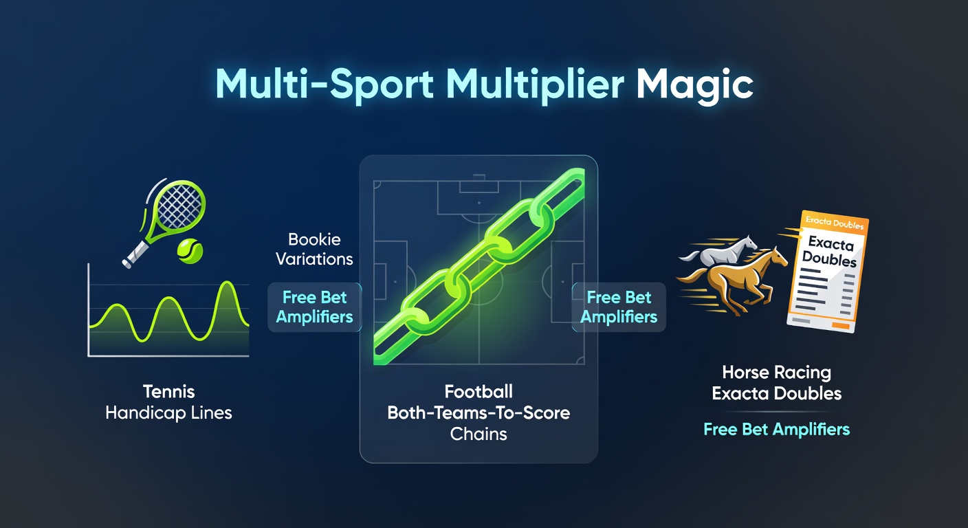 Dynamic collage of a tennis handicap rally, football teams scoring simultaneously, and horses crossing the finish line in exacta order, highlighting betting variations across sports