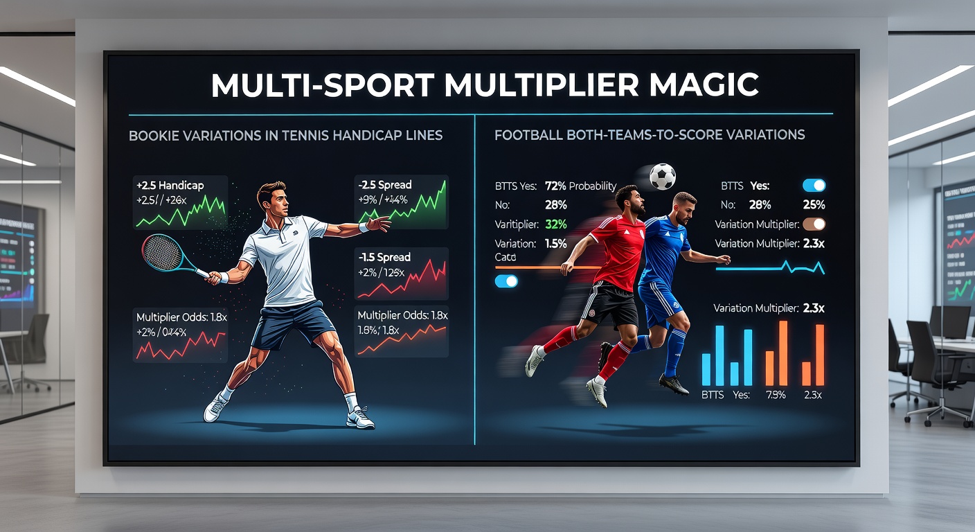 Football pitch action with both teams celebrating goals in a BTTS scenario, overlaid with chain bet graphics and bookmaker odds comparisons