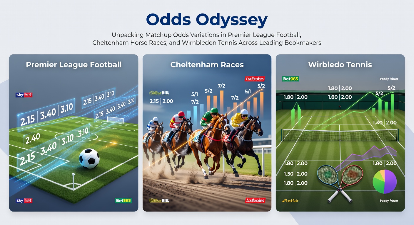 Collage of Premier League action, Cheltenham racecourse crowds, and Wimbledon tennis serve, highlighting bookmaker odds displays