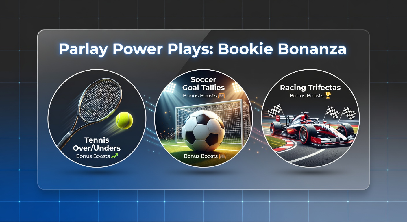 Tennis court action with overlaid parlay odds graphics, soccer goal celebration, and horse racing finish line thrill