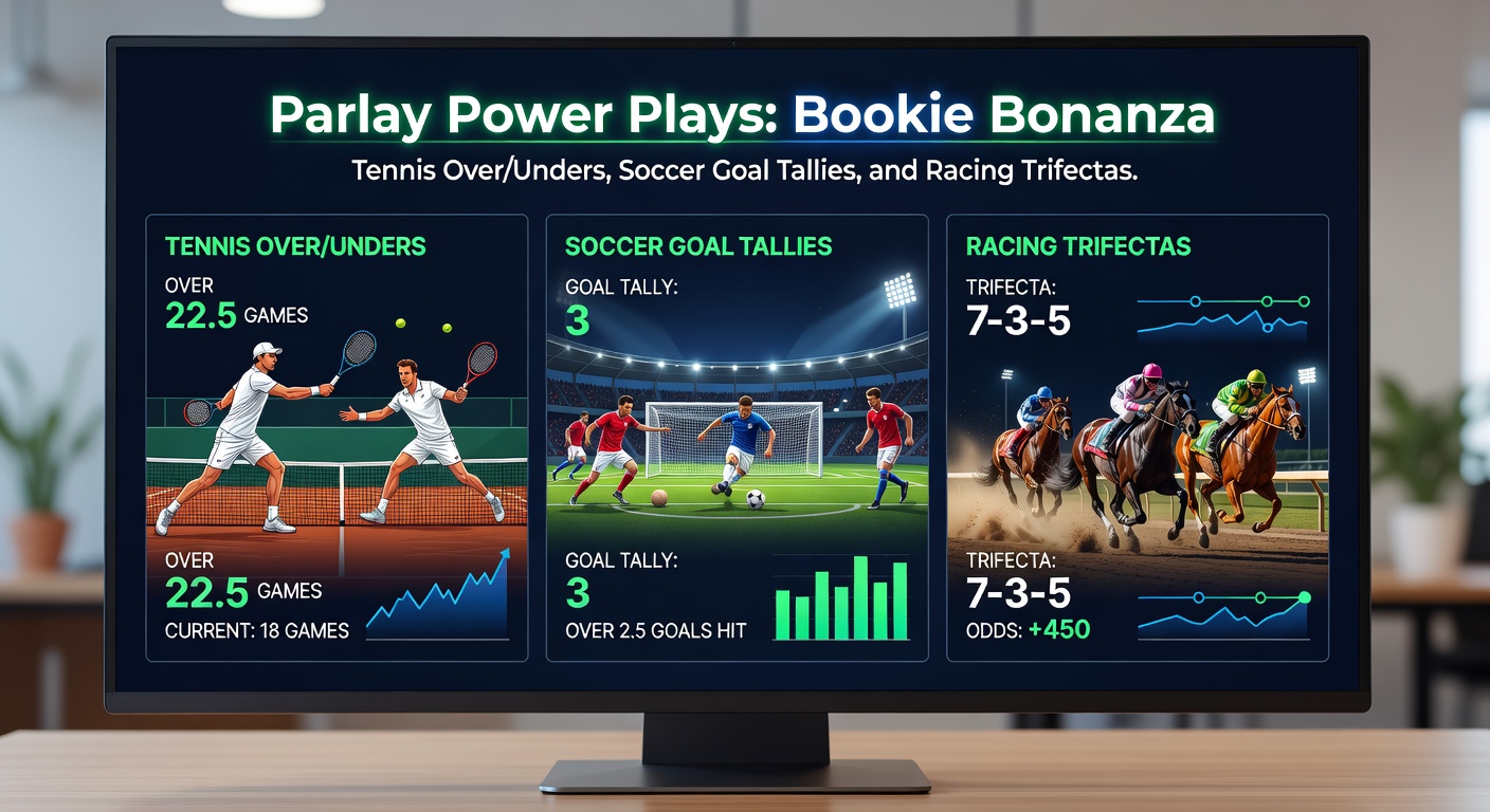 Dynamic split image of soccer net ripple from a goal, tennis player mid-serve, and horses charging toward trifecta finish