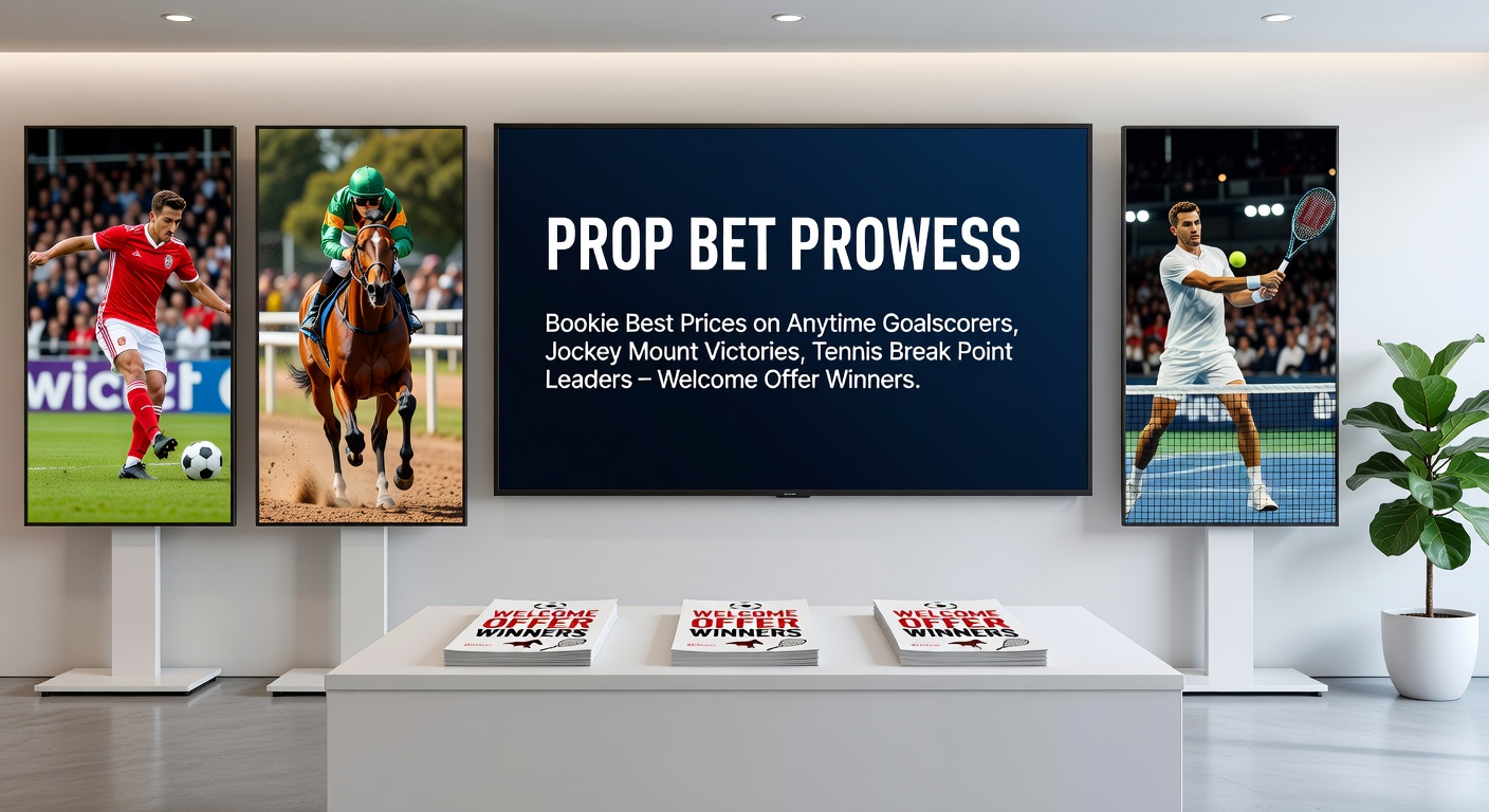 Collage of football goal celebration, jockey crossing finish line, and tennis player converting break point, highlighting prop bet action across sports