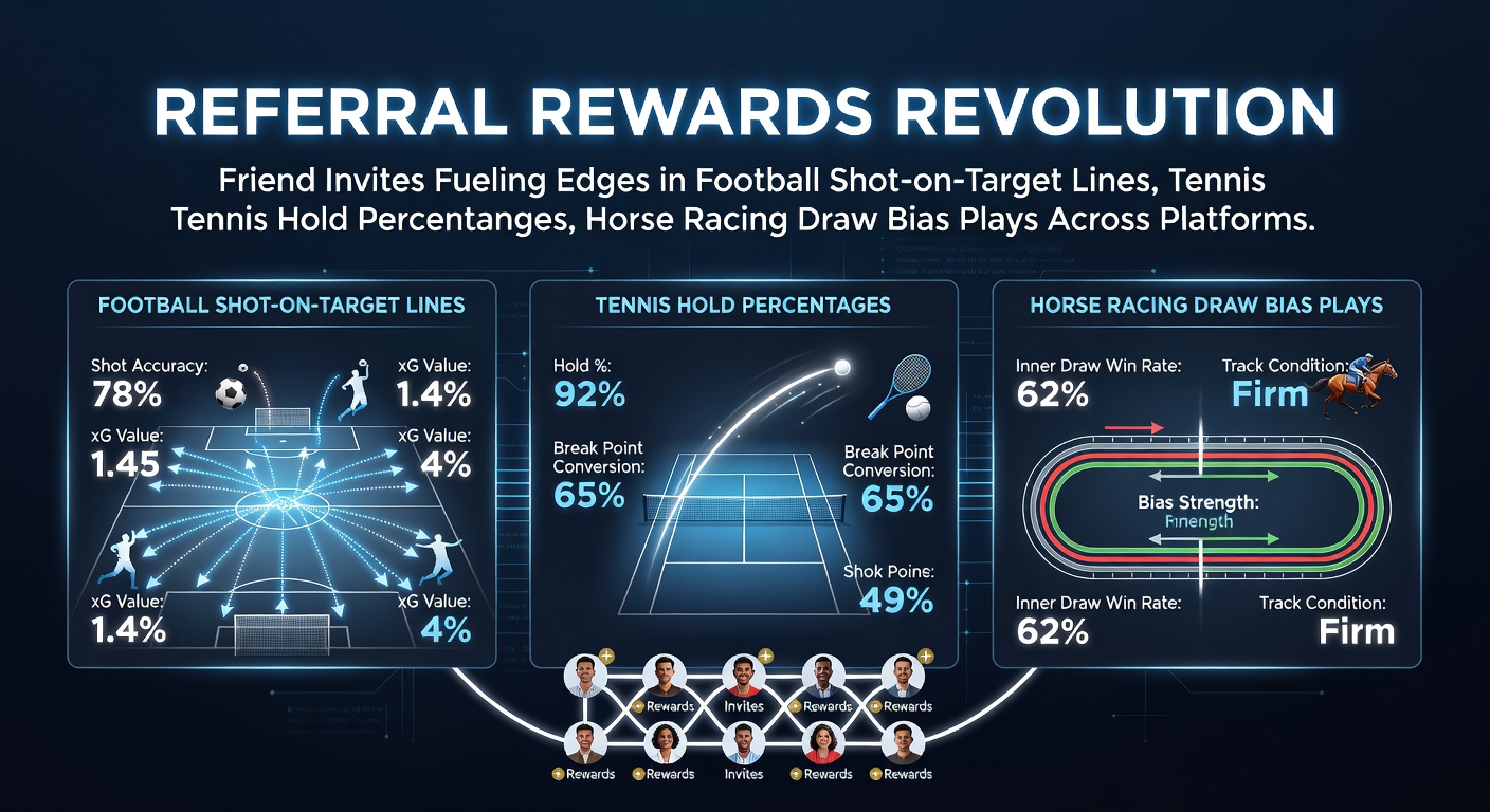 Graphic showing friends sharing betting apps with referral codes amid football, tennis, and horse racing icons, highlighting reward boosts in specific markets