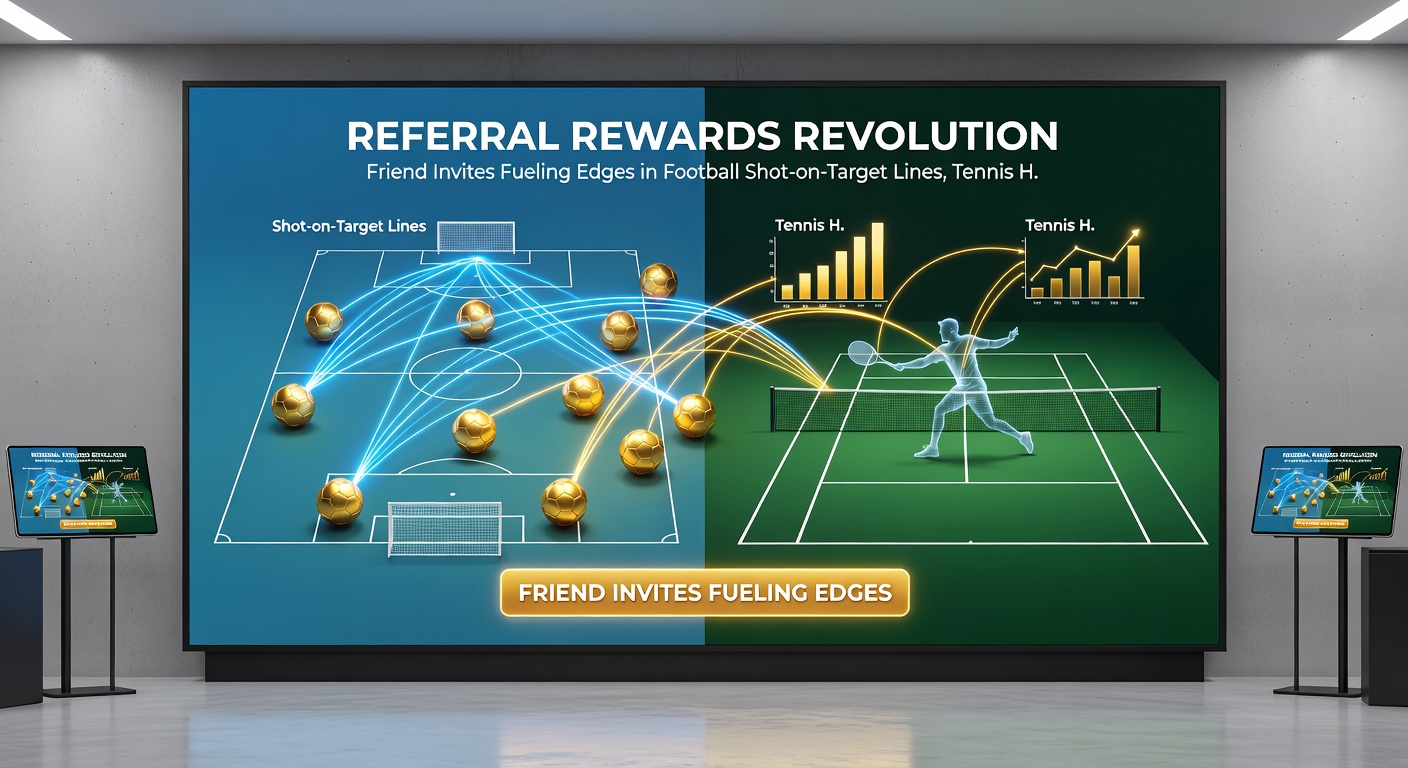 Illustration of a betting dashboard displaying referral bonus notifications alongside football shot charts, tennis serve holds, and horse racing stall draws