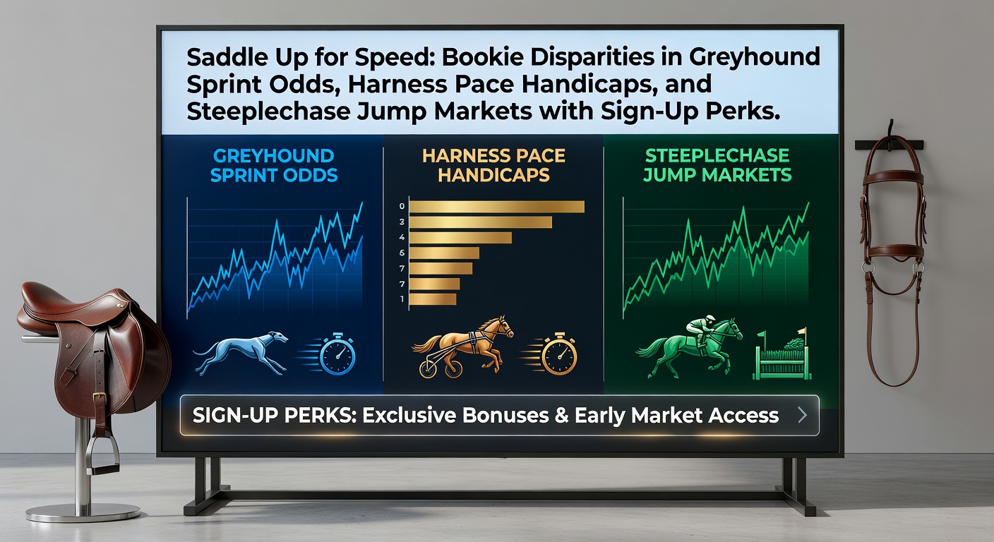 Greyhound racing at full sprint with bookmakers' odds boards in the background, highlighting speed and betting action