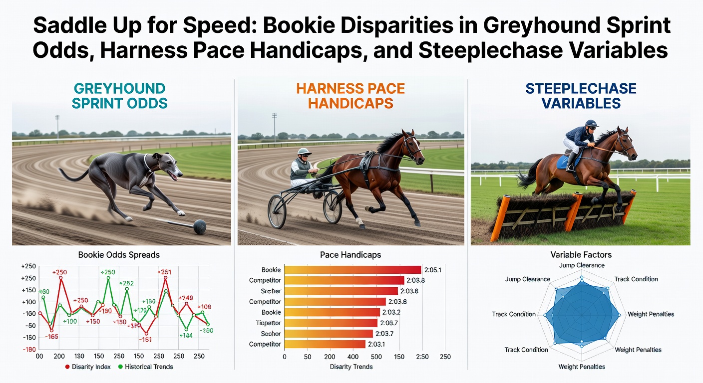 Dynamic scene of a steeplechase jump with horses mid-air, alongside harness pacers and greyhounds, illustrating diverse speed betting markets