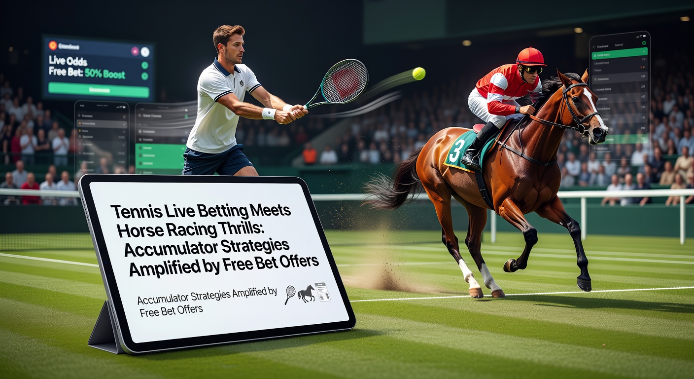 Dynamic scene of a tennis player serving mid-match overlaid with a horse racing finish line sprint, symbolizing the fusion of live tennis action and racing excitement