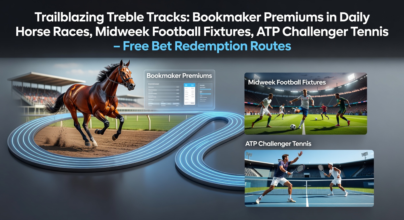 Dynamic display of treble bet slips across horse racing tracks, midweek football pitches, and ATP Challenger tennis courts, highlighting bookmaker premium odds boosts