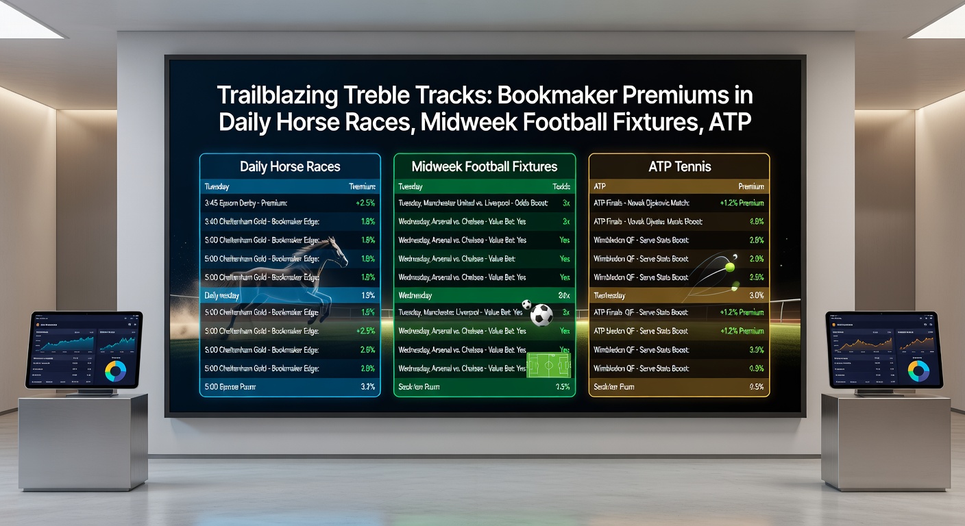 Close-up of a bookmaker app showing treble selections with premium odds highlighted for midweek football, horse racing, and Challenger tennis matches