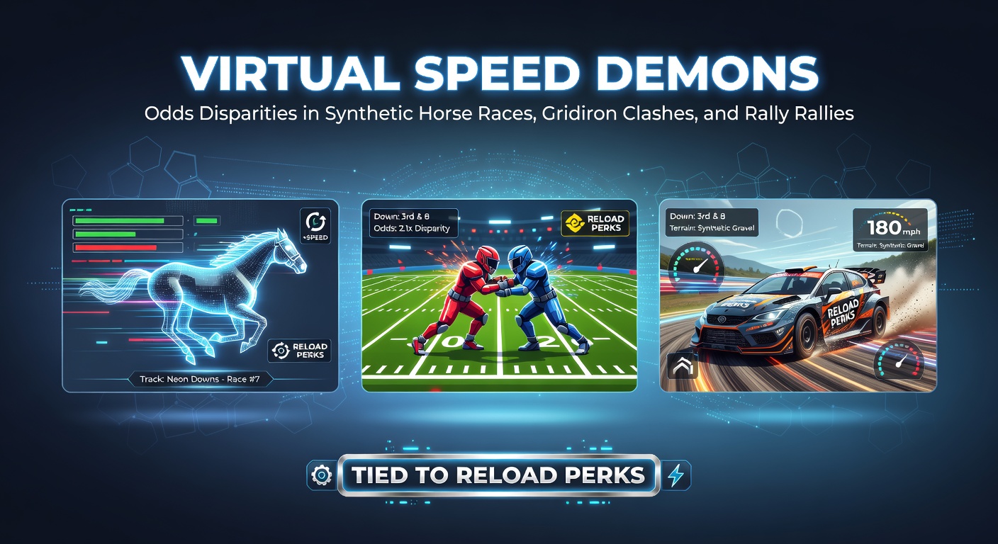 Digital simulation of a synthetic horse race with horses thundering down a virtual track under stadium lights, highlighting the non-stop action of virtual betting markets