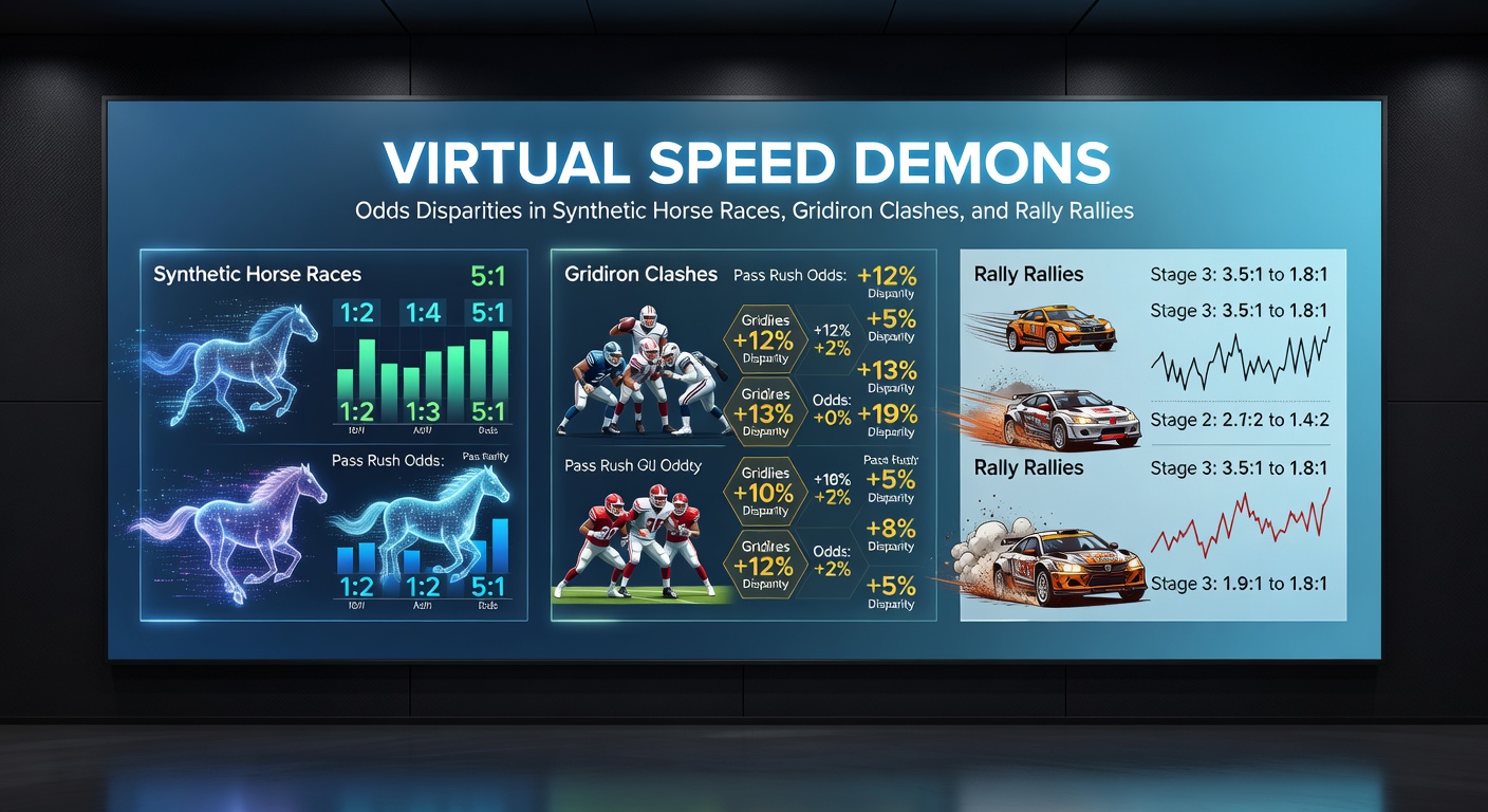 High-octane virtual rally cars kicking up dust on a twisting mountain stage, capturing the edge-of-your-seat intensity of synthetic rally betting with odds boards in the foreground
