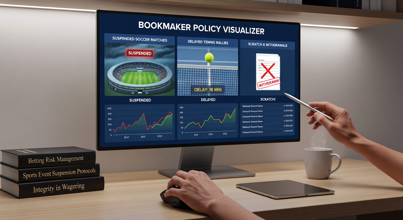 A tense tennis rally interrupted by rain, with players and officials huddled under umbrellas on a wet court, underscoring bookmaker decisions on delayed play